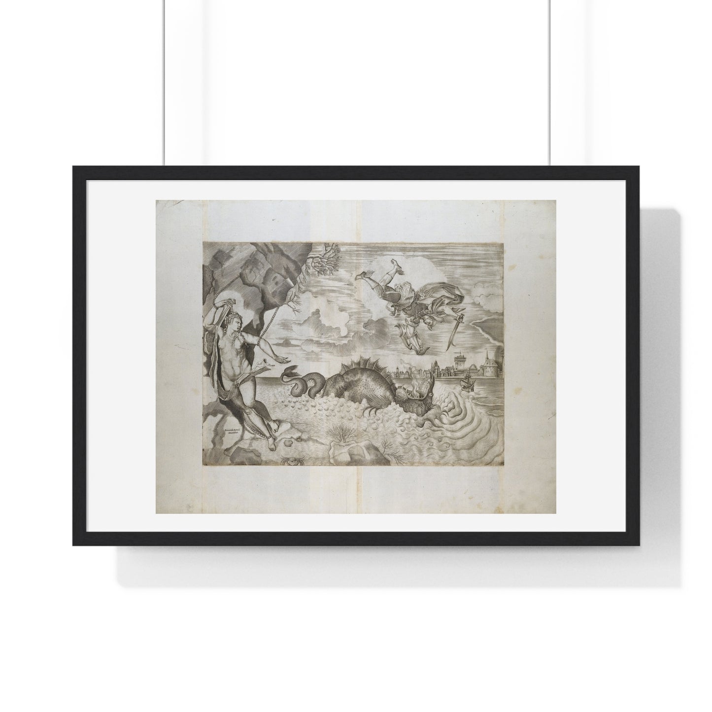 Perseus and Andromeda (1550-1570) by Giulio Sanuto after Titiaan, Albrecht Dürer and Ferando Bertelli, from the Original, Framed Print