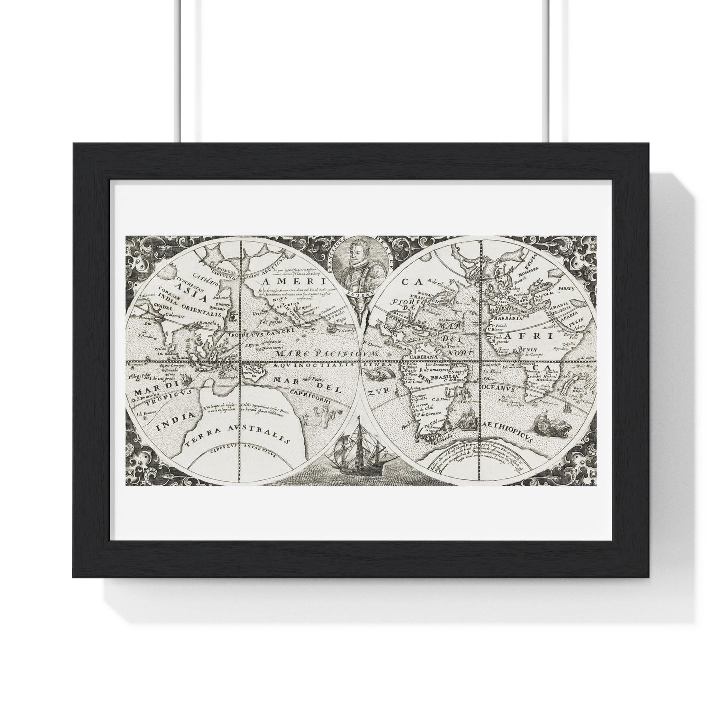 Antique Map from the Grand Voyages to the New World (1596) by Theodor de Bry from the Original, Framed Art Print