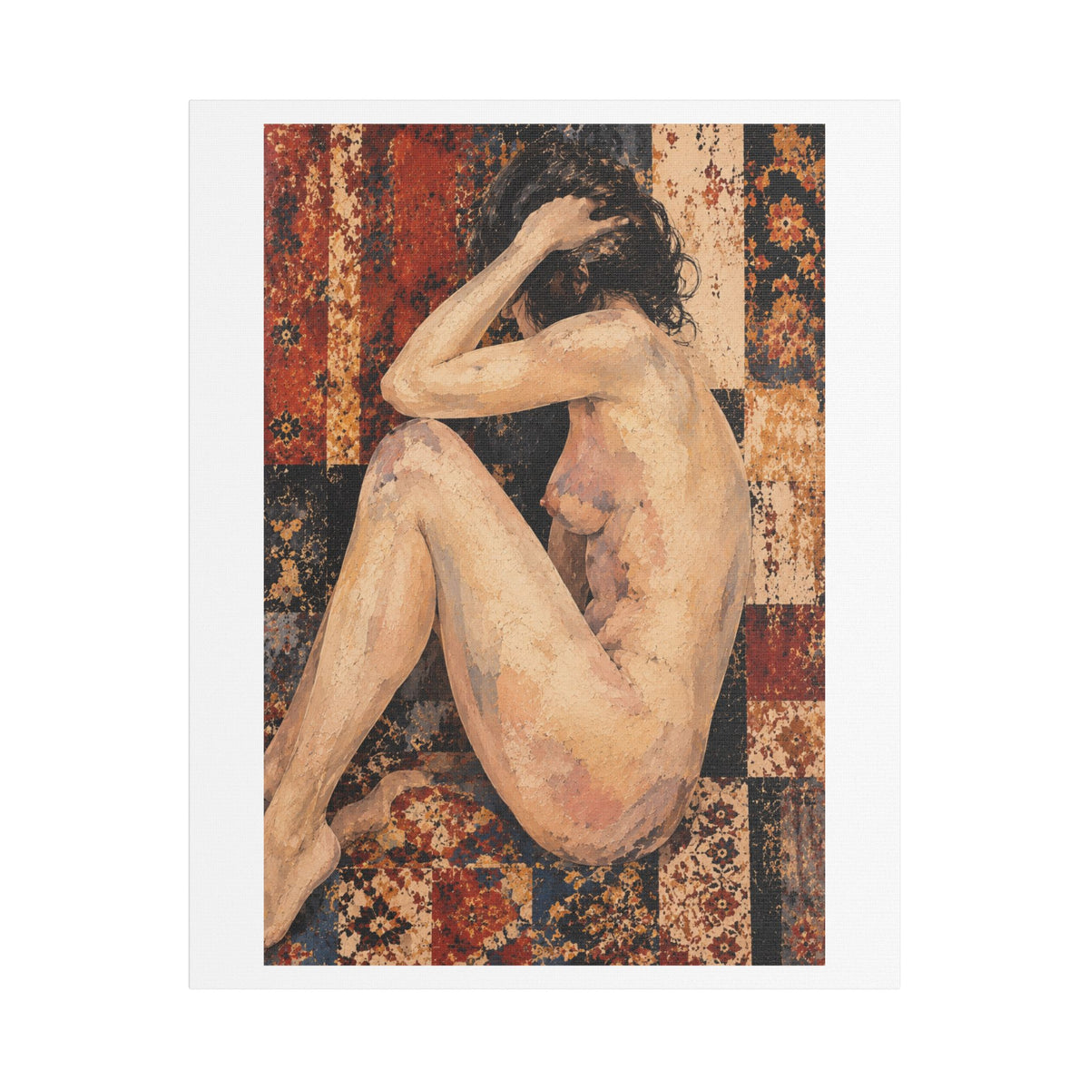 Textured Contemplative Figure Against Ornate Tapestry, Art Print on Satin Canvas, Stretched