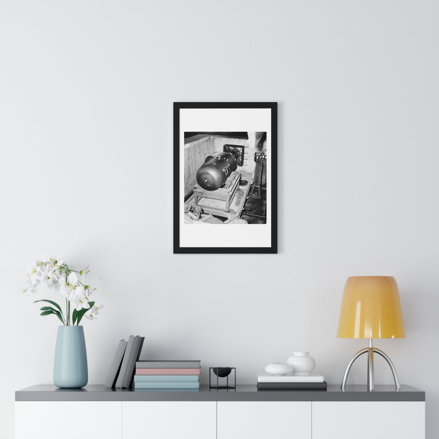 Atomic Bomb 'Little Boy' on Trailer Cradle, Before Being Loaded into Enola Gay's Bomb Bay, from the Original, Framed Print