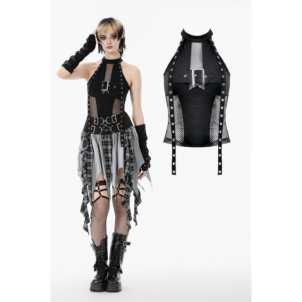 Dark in Love Bondage Mesh-Panel Buckle Halter Top