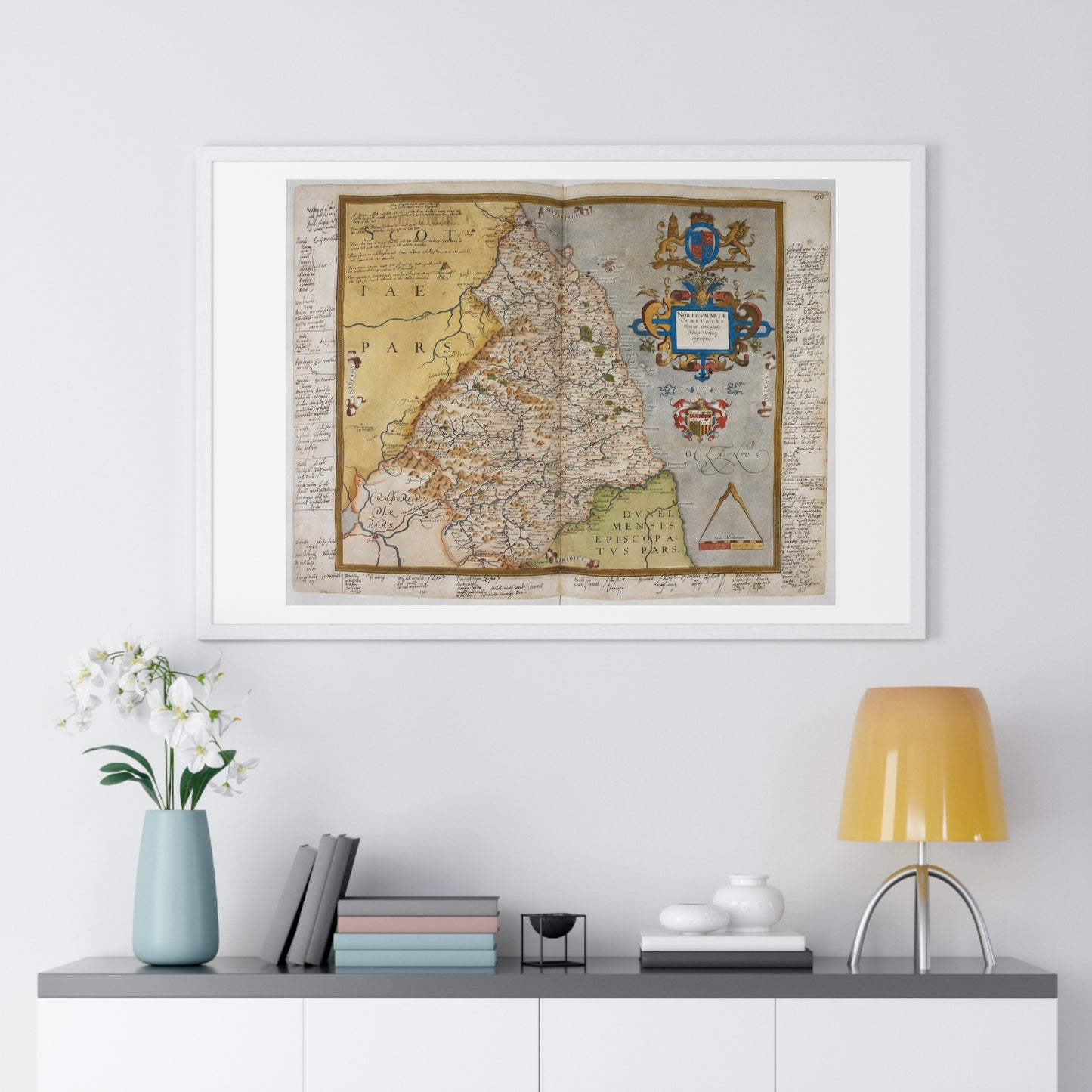 Tudor Antique Map of Northumberland from Lord Burghley's Atlas (1579) from the Original, Framed Print