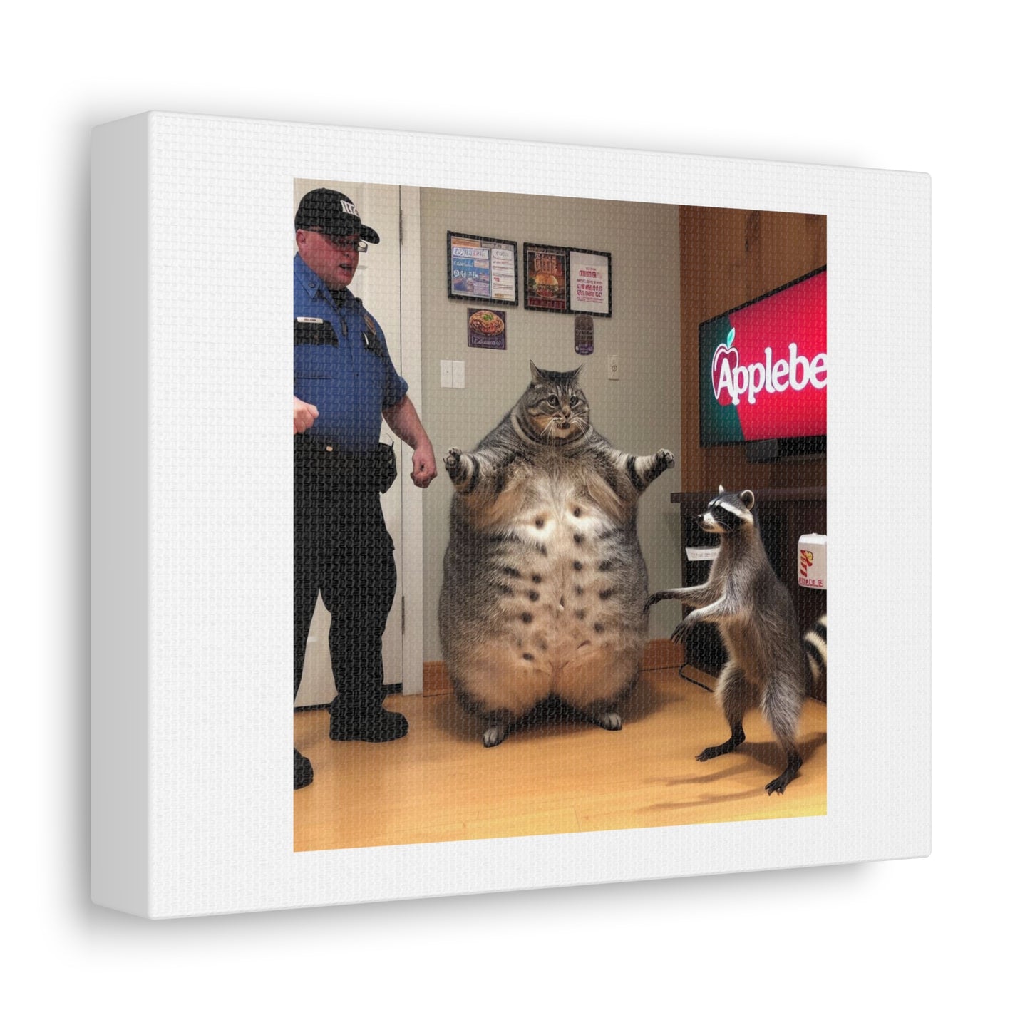 Fat Cat and Raccoon Trying to Use Fake Coupons in Applebee's 'Designed by AI' Art Print on Canvas