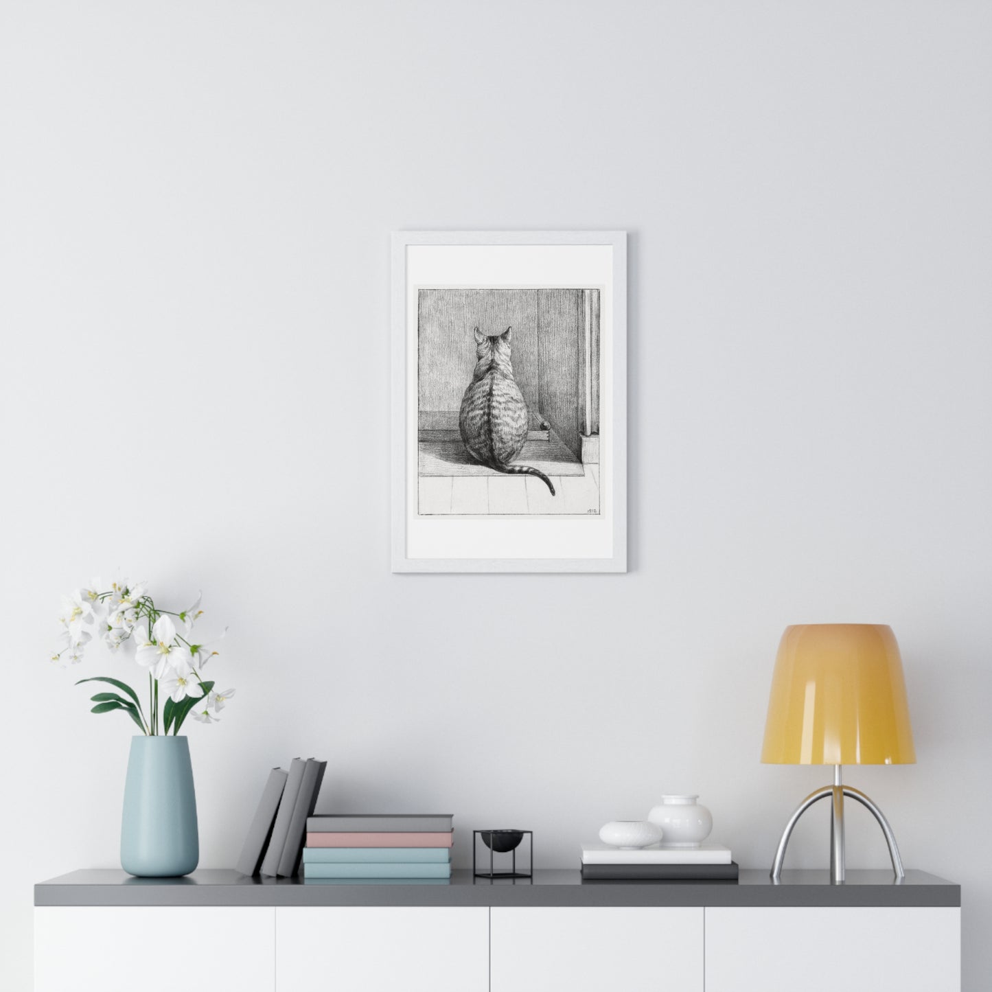 Sitting Cat From Behind (1812) Drawing by Jean Bernard, from the Original, Framed Print