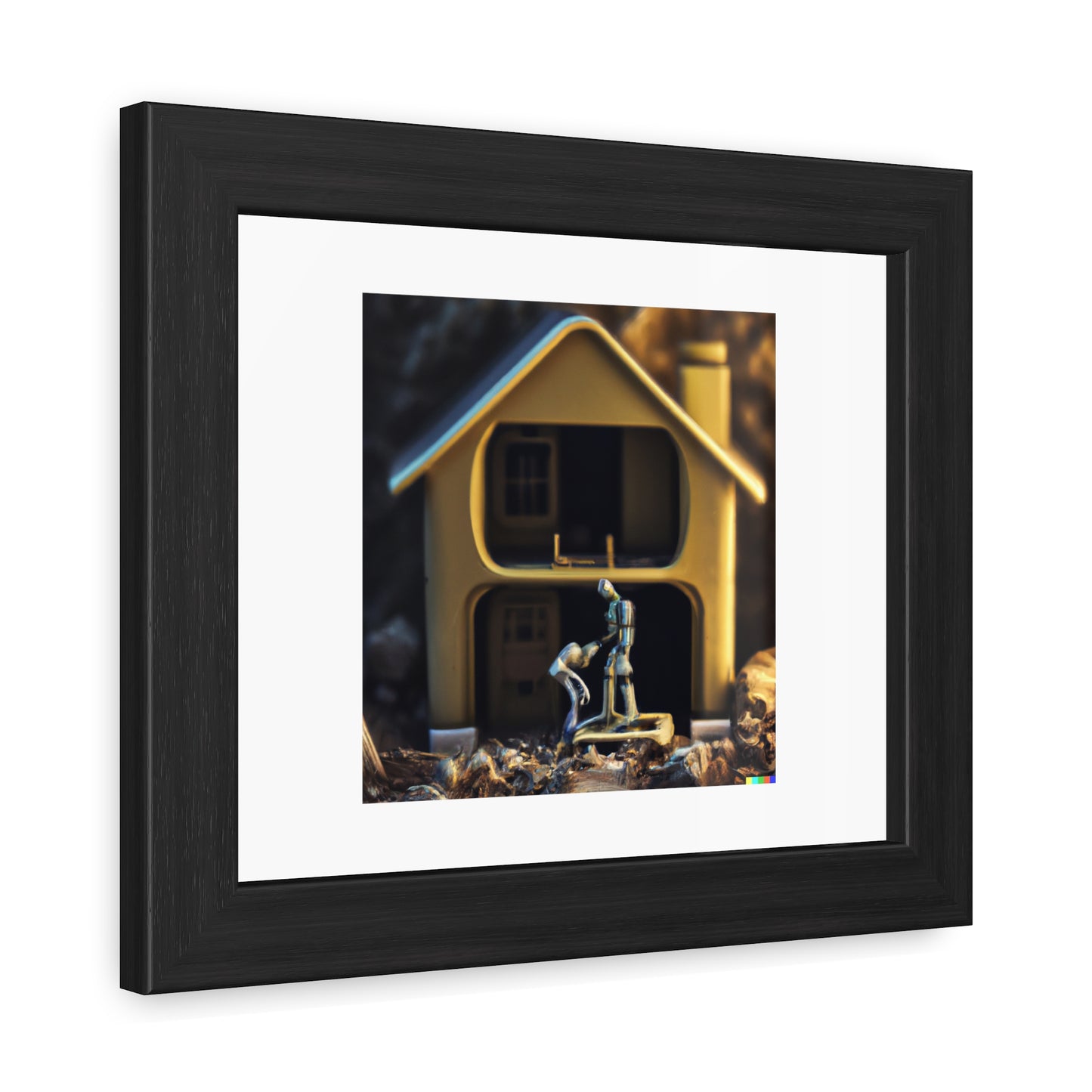 Macro 35mm Photograph Of Human And Robot Building A House 'Designed by AI' Wooden Framed Print