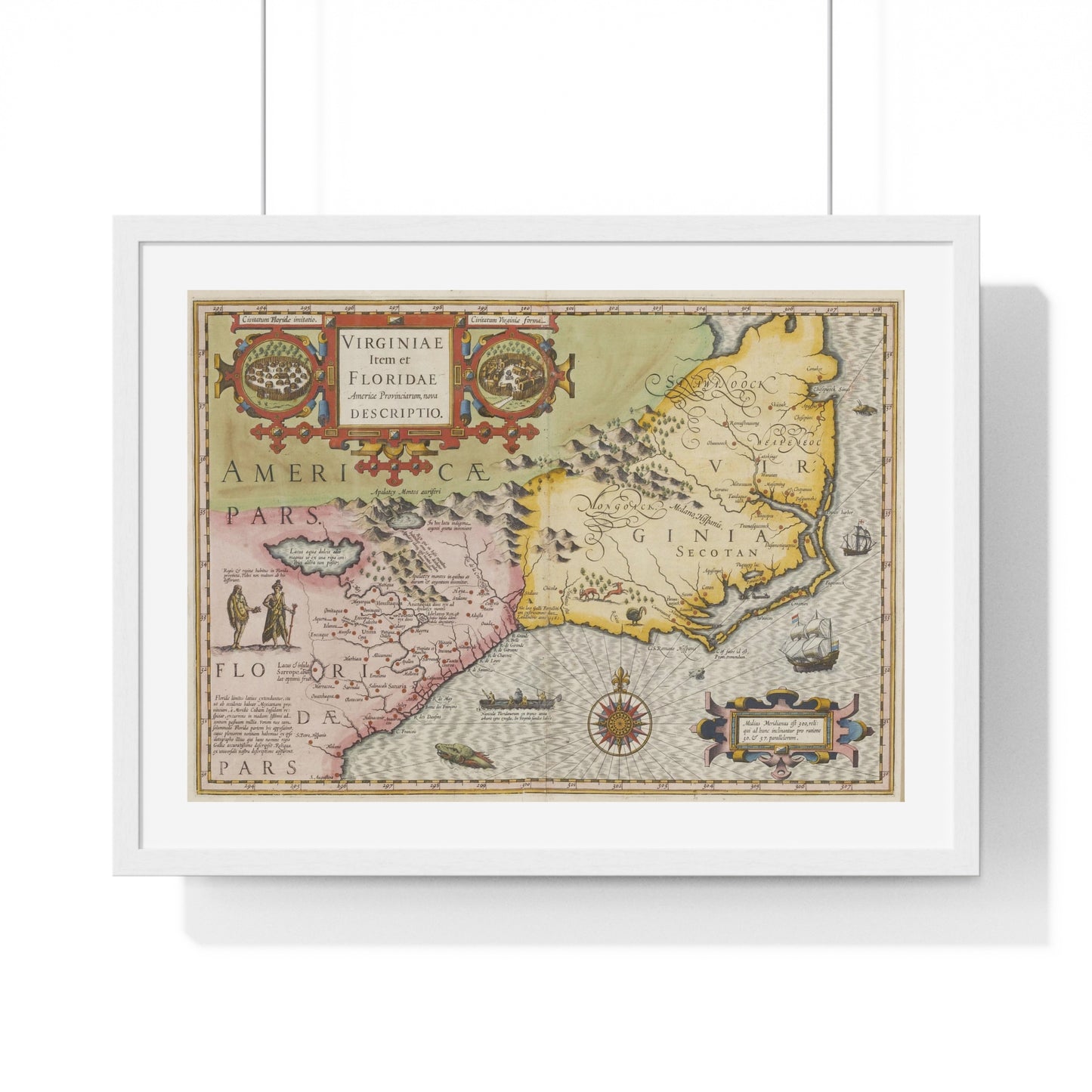 Historic Map of the American South: Virginia Item et Floridae (1606) by Gerardus Mercator and Jocodus Hondius, Framed Print