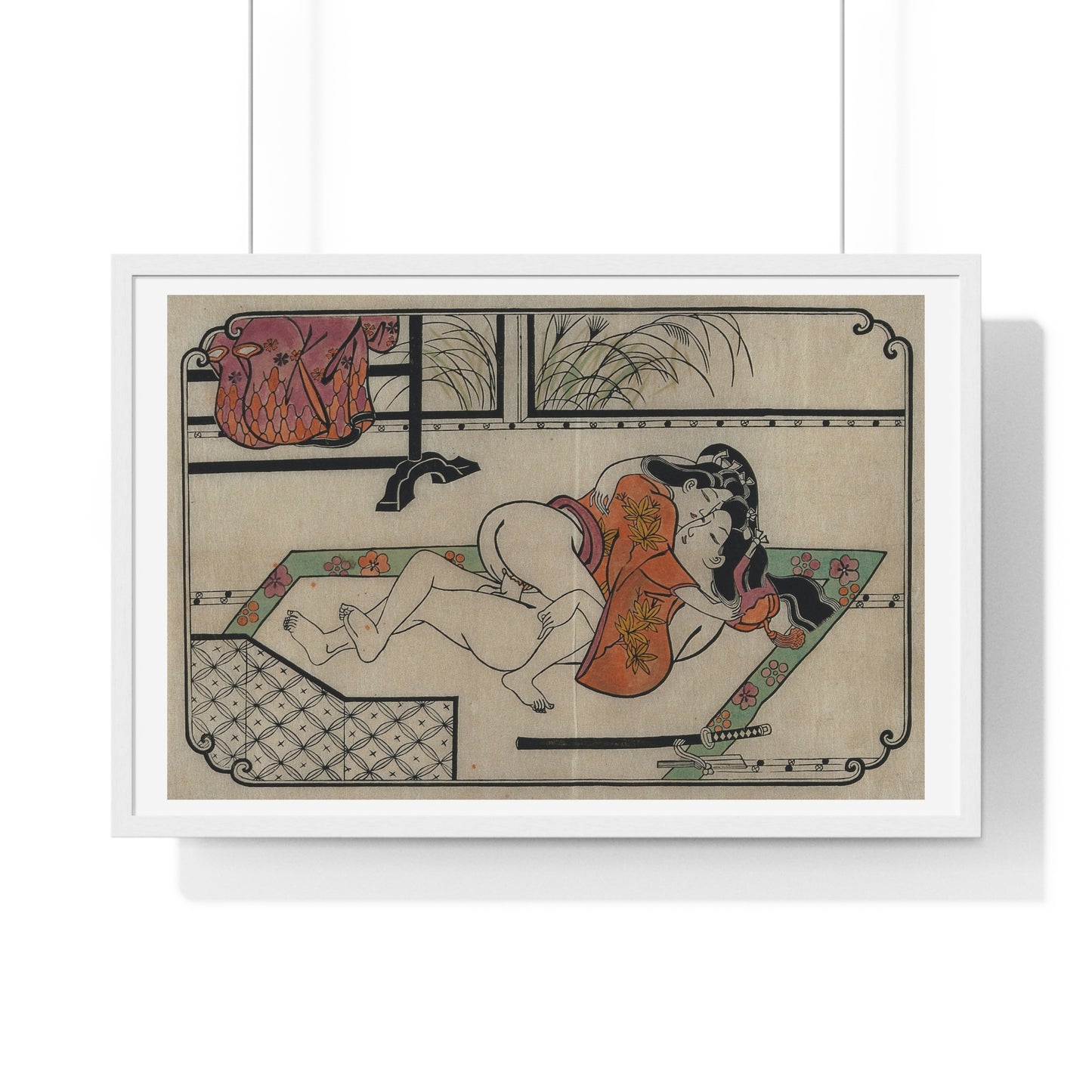 Young Couple Making Love, Coloured Reproduction of a Woodcut by Moronobu (1680s) Framed Art Print