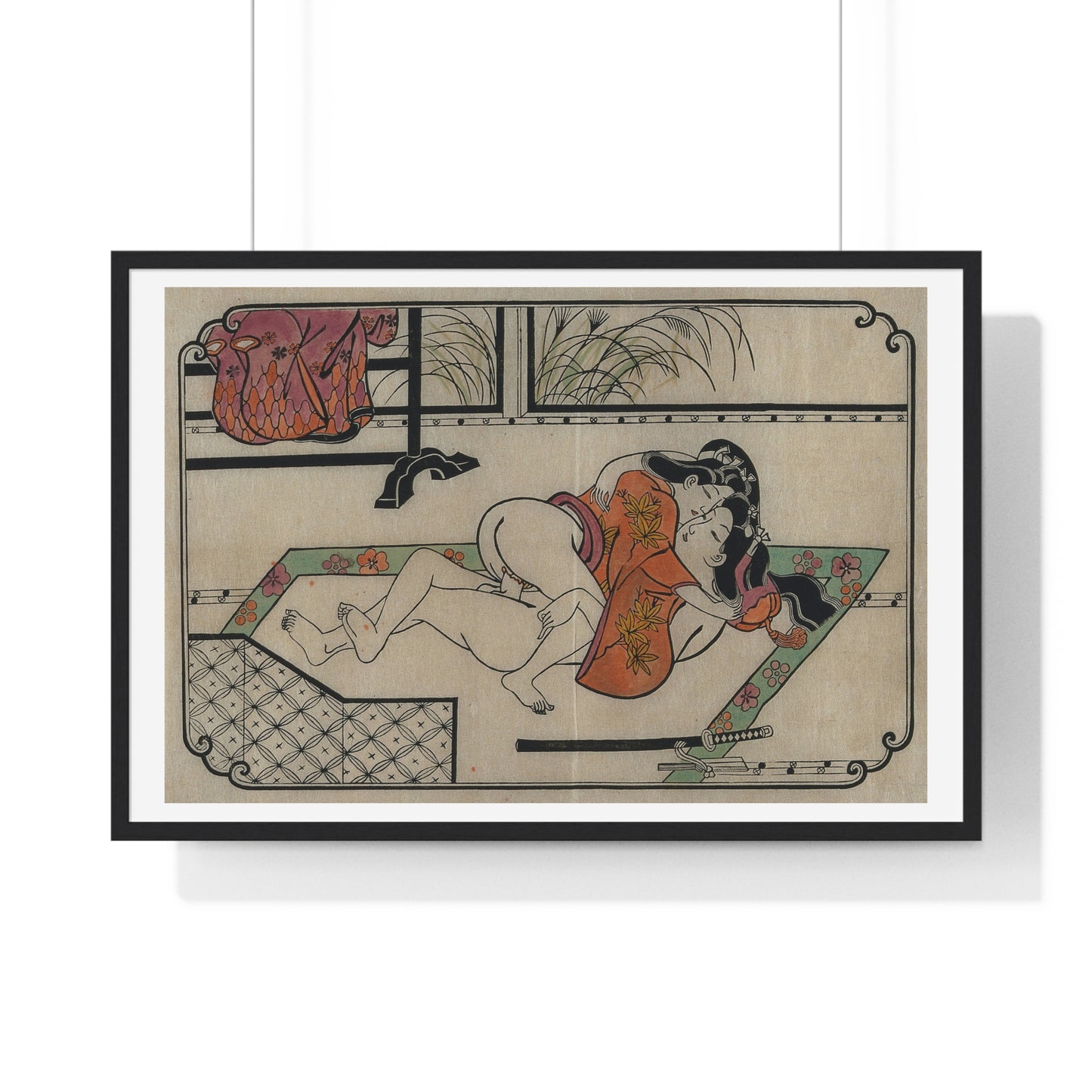 Young Couple Making Love, Coloured Reproduction of a Woodcut by Moronobu (1680s) Framed Art Print