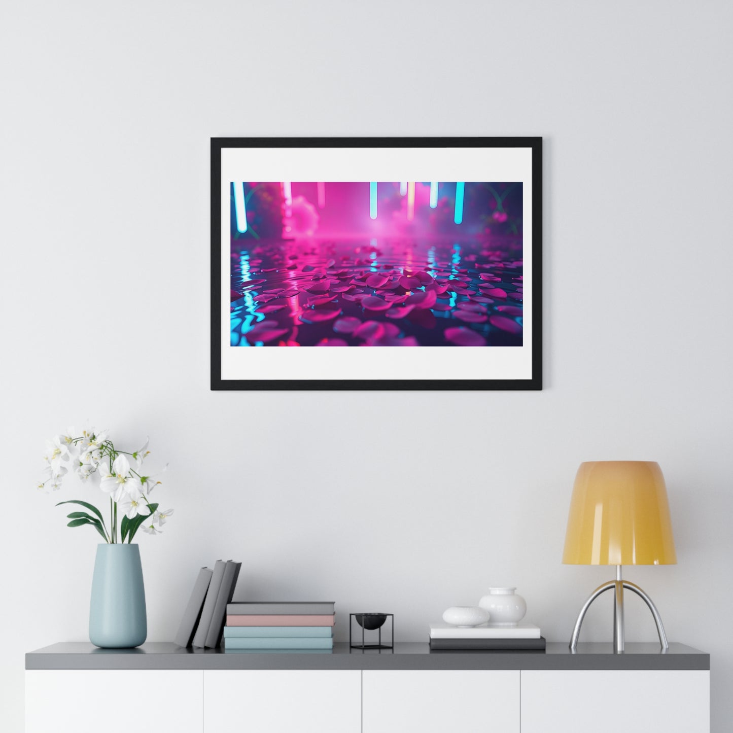 Petals on the Water, Pink Vibrant Art 'Designed by AI' Framed Print
