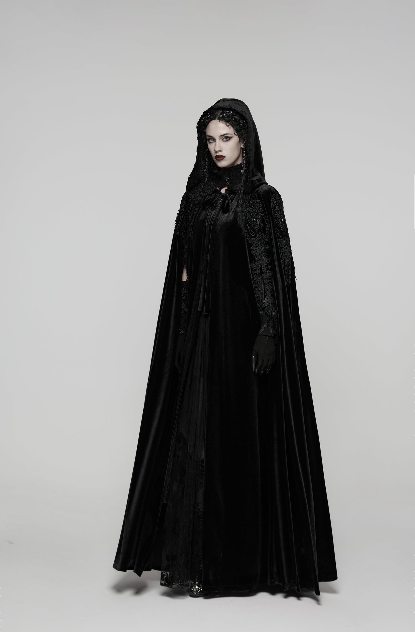 Punk Rave Goth Velvet Women's Long Cloak in Black