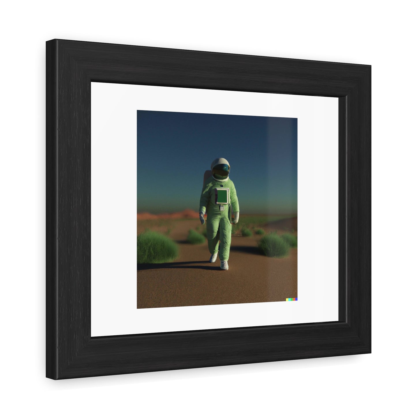 Rendu 3D d'un astronaute marchant dans un désert vert 'Conçu par AI' Poster encadré en bois en papier mat classique