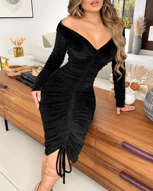 Rich Velvet Drawstring Off Shoulder Midi Dress