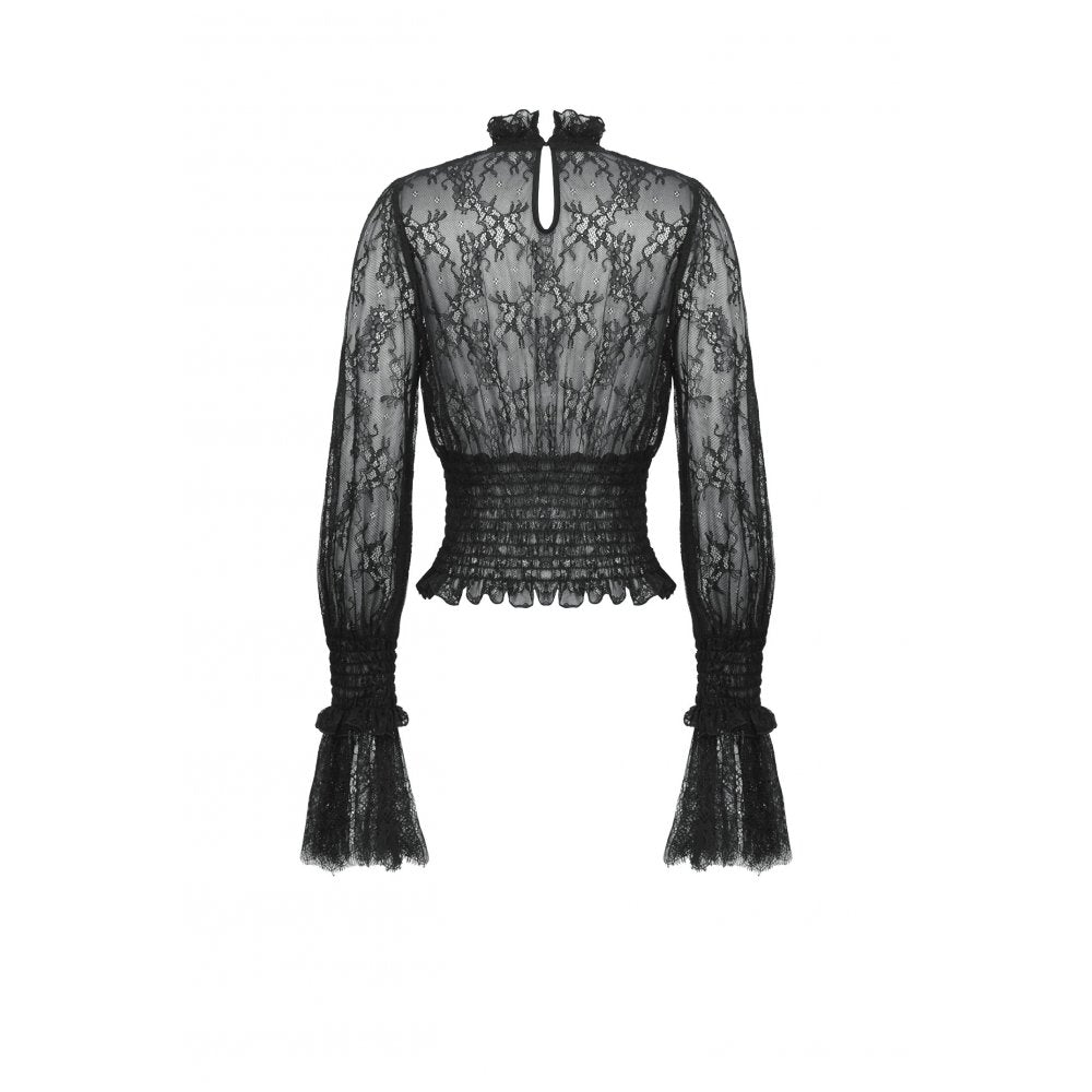 Dark in Love Aoife Black Hollow Lace Elastic Pleated-Waist Eyelash Lace Cuff Top