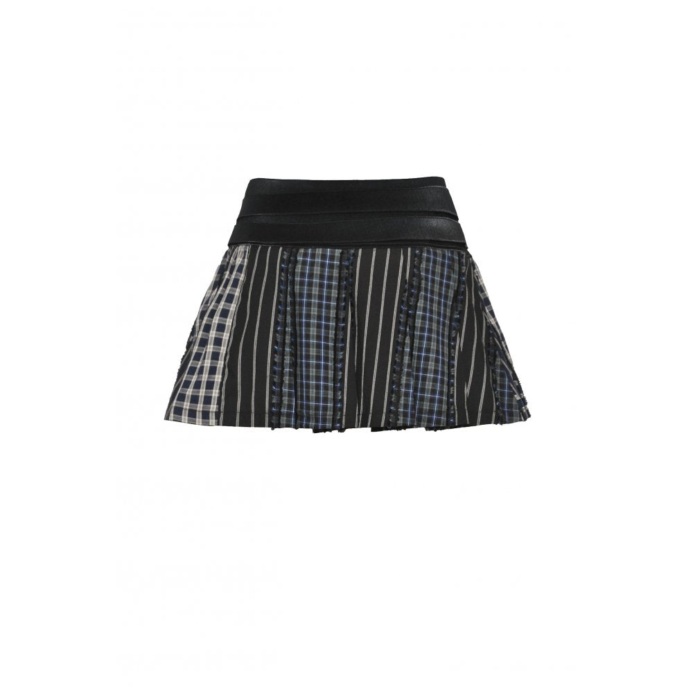 Dark in Love Sage Tartan Patchwork Leather-Waist Pleated Mini Skirt