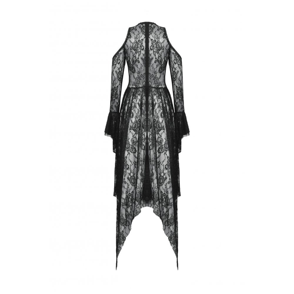 Dark in Love Carys Black Gothic Asymmetrical Lace Off-Shoulder Dress with Rhinestone Detail