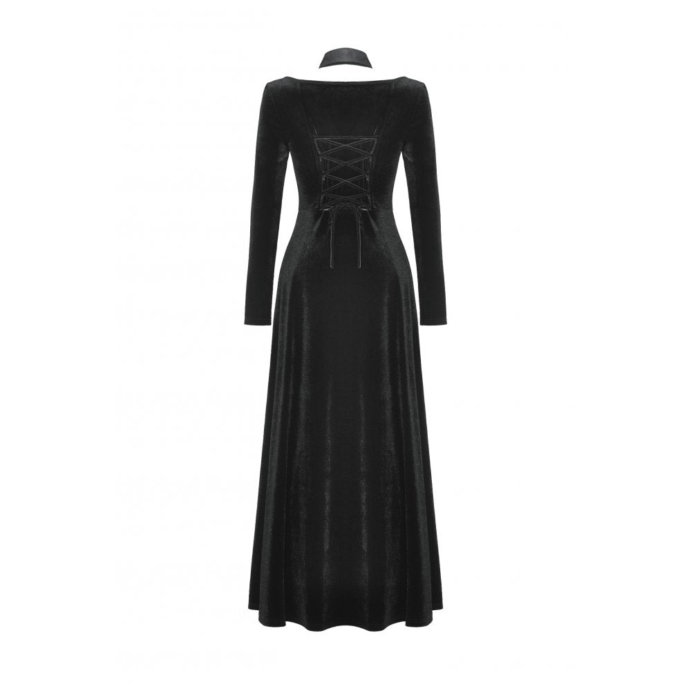 Dark in Love Vera Gothic Velvet High-Slit Maxi Dress with Hollow Neckline, Embroidered Buttons