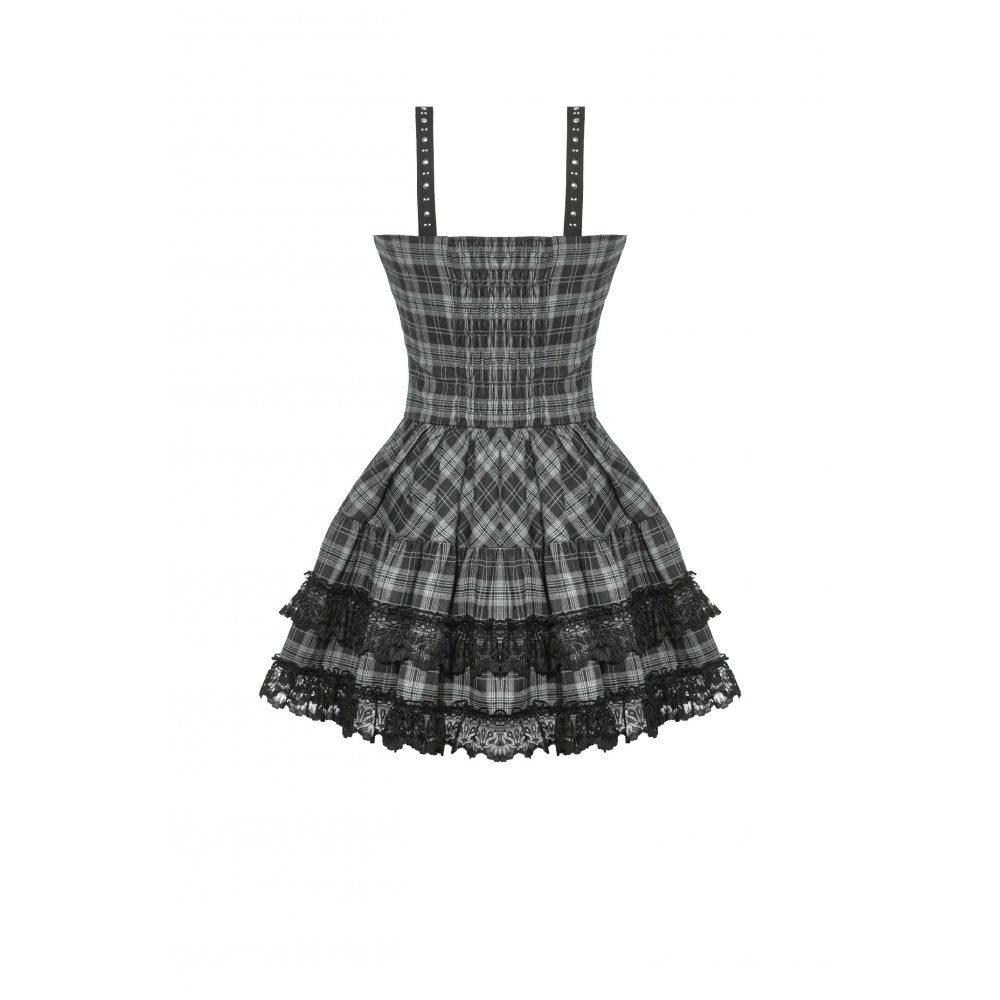 Dark in Love Ida Punk Grey Tartan Metal-Studded Dress