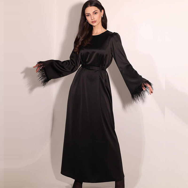 Vireous Round Neck Feather Cuff Elegant Satin Long Dress