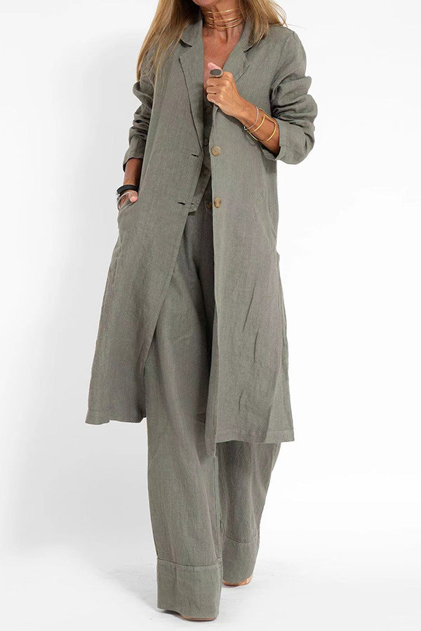 Vireous Women's Fashion Casual Cotton Linen Suit-Collar Trench Coat