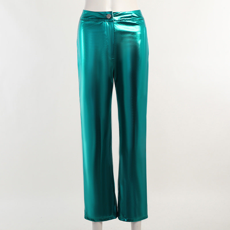 Women's Silver Shimmering PU Leather Bell-Bottom Trousers