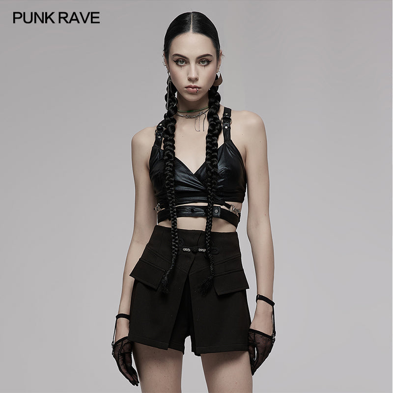 Punk Rave Nyx Elastic Cross-Strap Crop Top in Black
