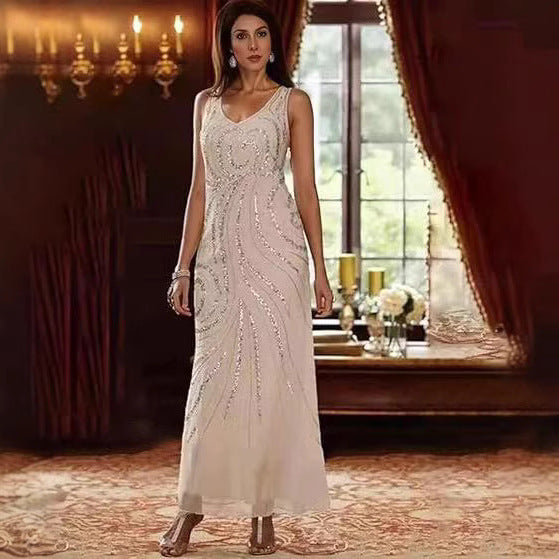 Sequined Scallop Neck Dress with Long-Sleeve Jacket, Chiffon Bride's Mom Dress