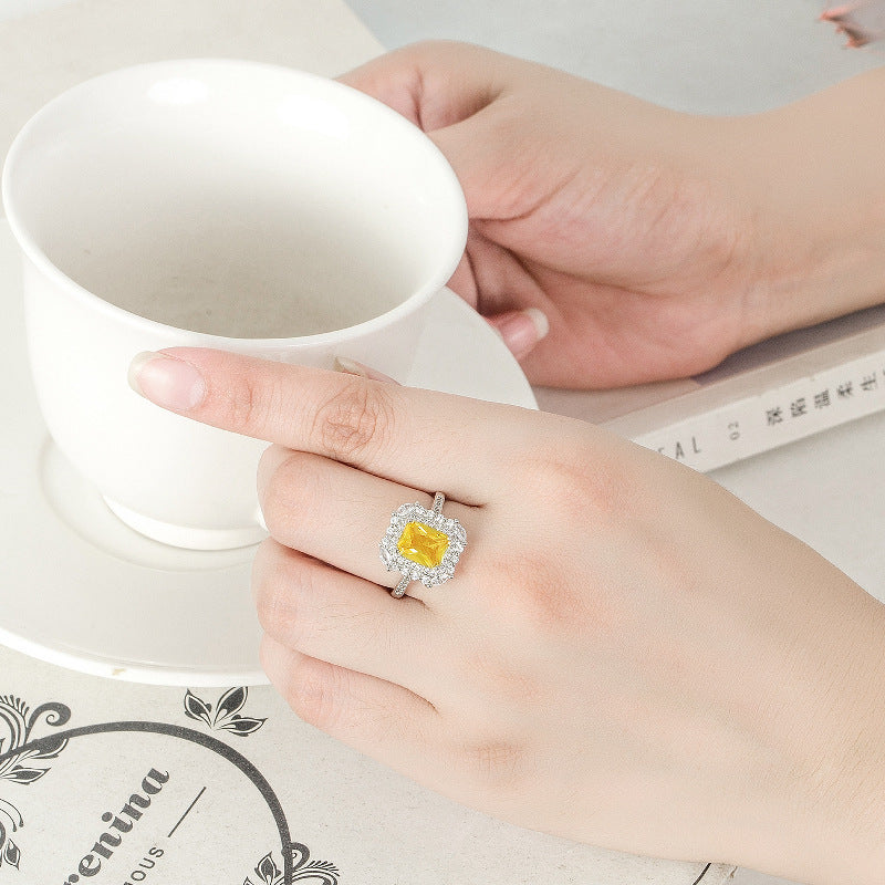 Crystal Square Design, Sparkling Yellow or Purple Citrine Adjustable Ring