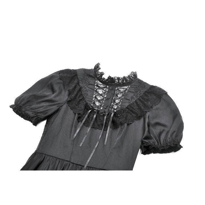 Dark in Love Belladonna Lace-Up High Collar Puff Sleeve Goth Dress, Plus Sizes