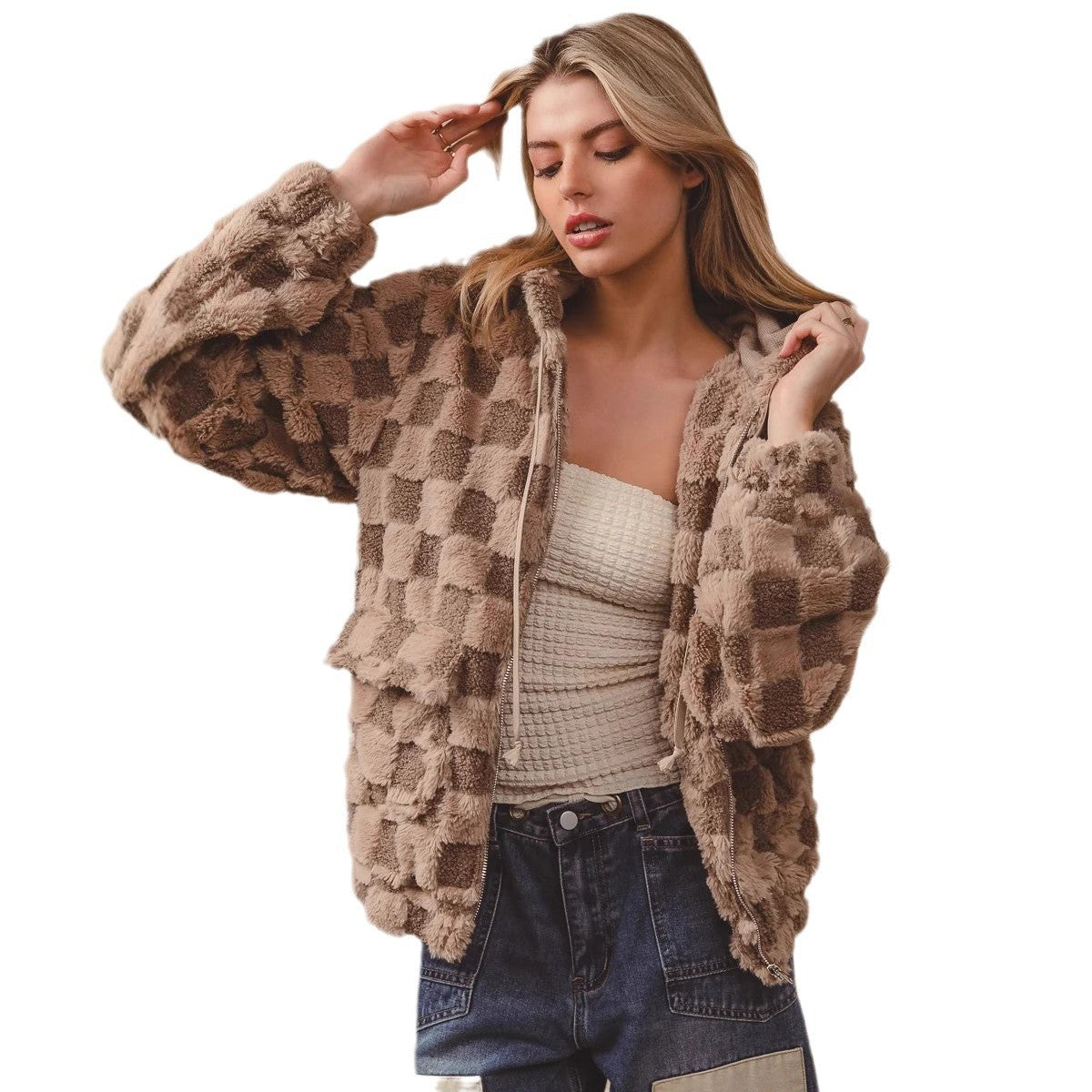 Women's Plaid Zipper Cardigan Plush Hoodie