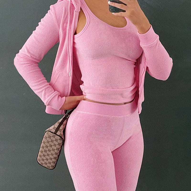 Sportswear Three-Piece. Zipper Hoodie Top, Vest and Pants Casual Suit
