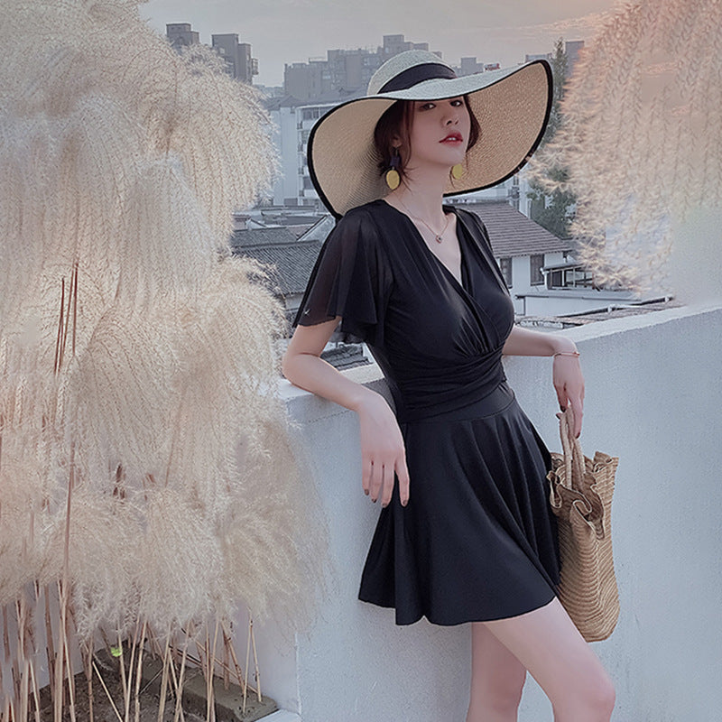 Vireous Elegant Gathered Resortwear Swimming Dress with Under Shorts