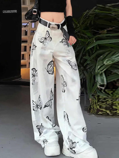 Butterfly Hand Tie-Dyed Wide-Leg Unisex White Pants