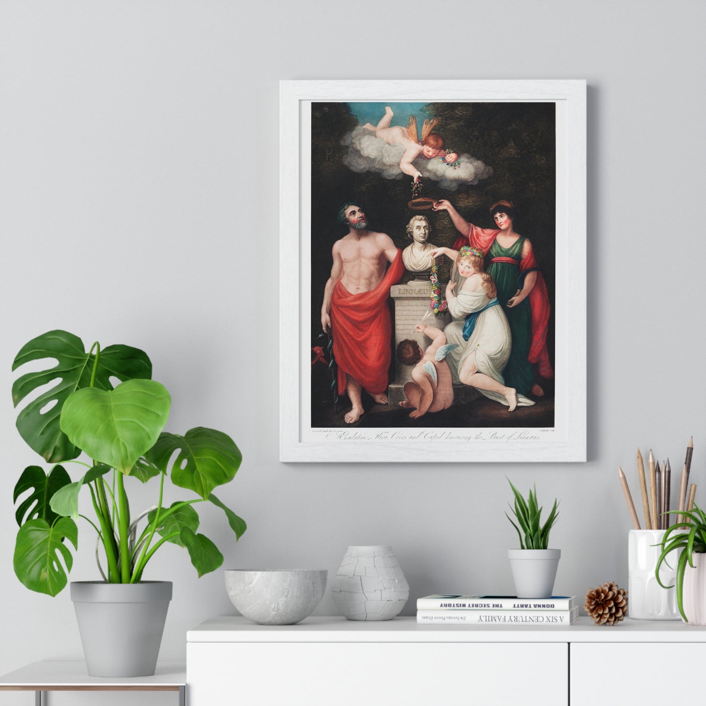 Flora, Aesculapius, Ceres, with Cupid, Honouring the Bust of Linnaeus from The Temple of Flora (1807) by Robert John Thornton, from the Original, Framed Art Print