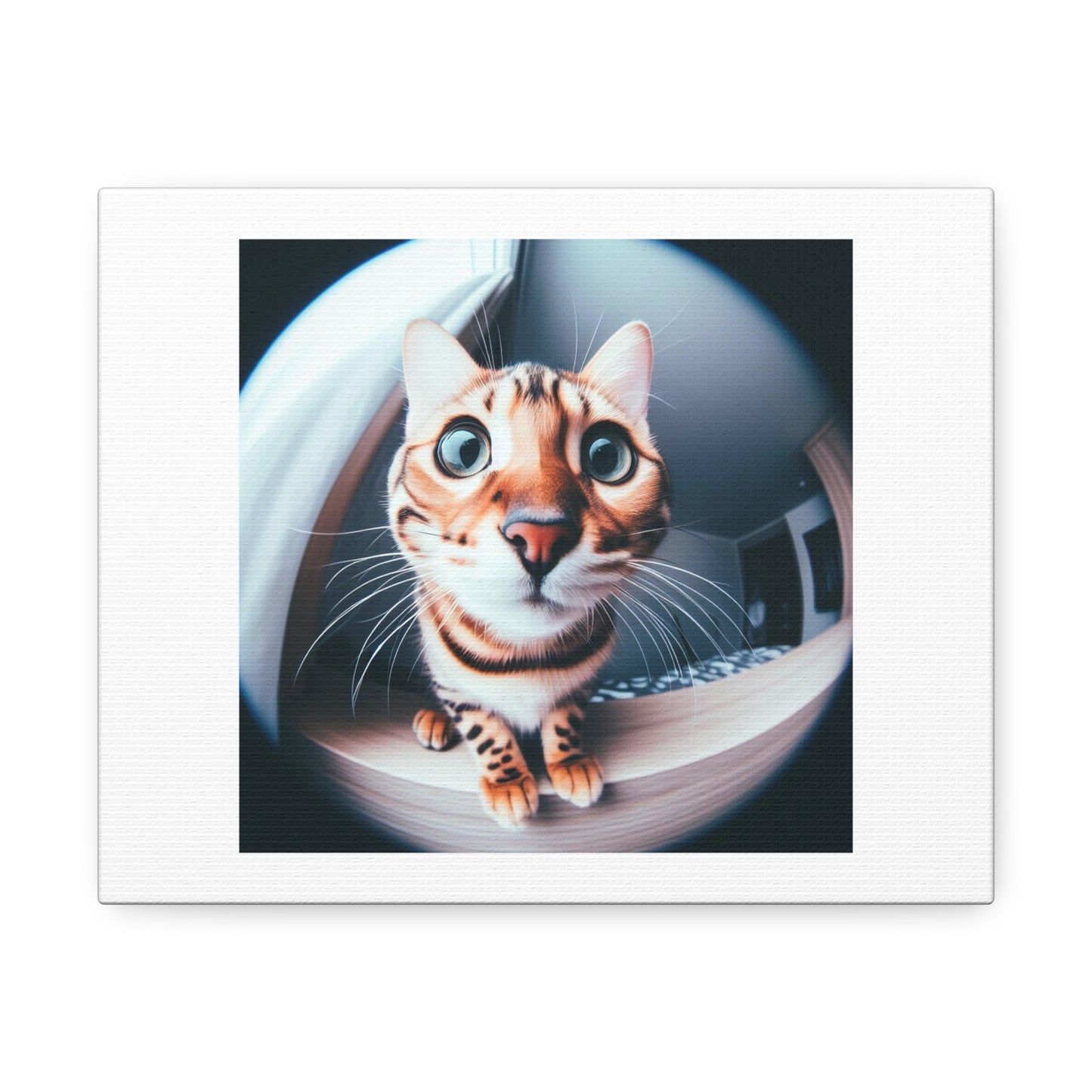 Cute Curious Bengal Cat in Fisheye Lens 'Designed by AI' Art Print on Canvas