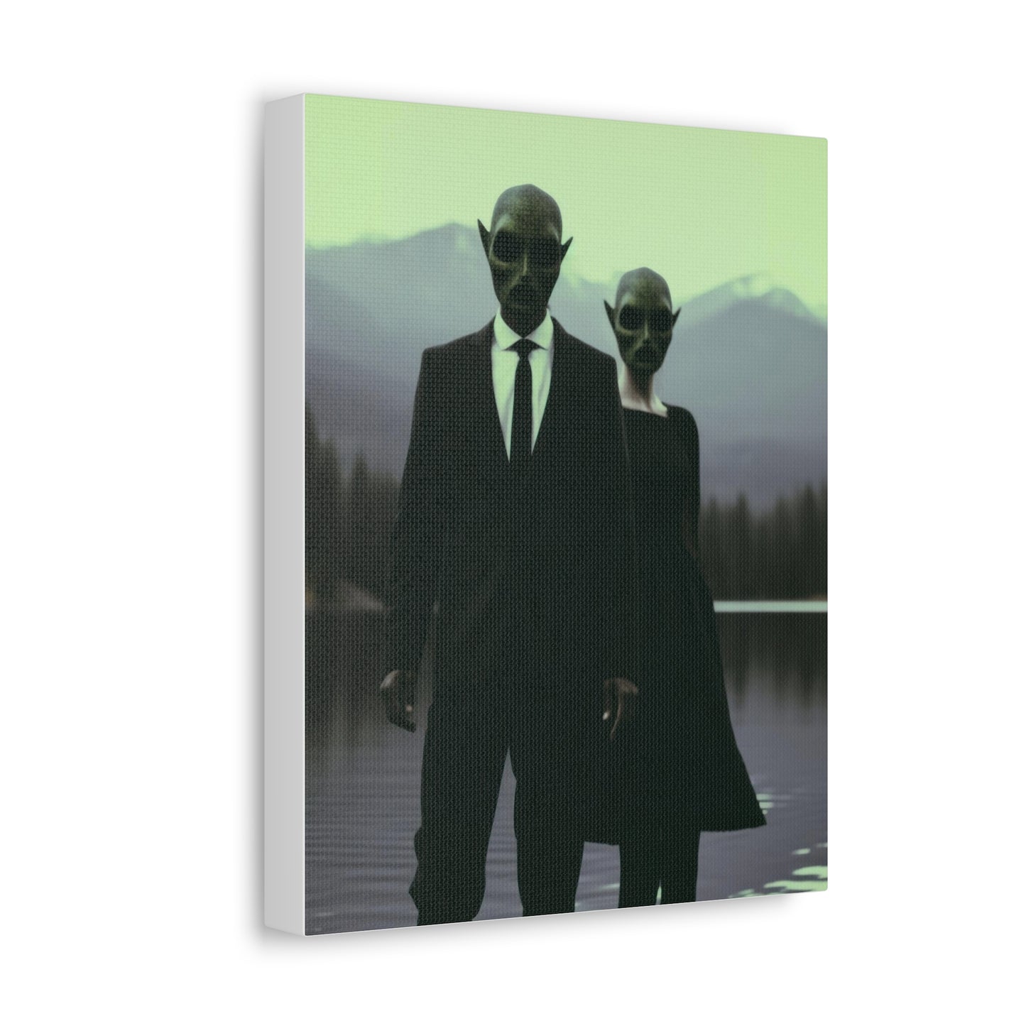 Couple Wearing Alien Mask, Sunglasses Photorealism in Silhouette 'Designed by AI' Art Print on Canvas