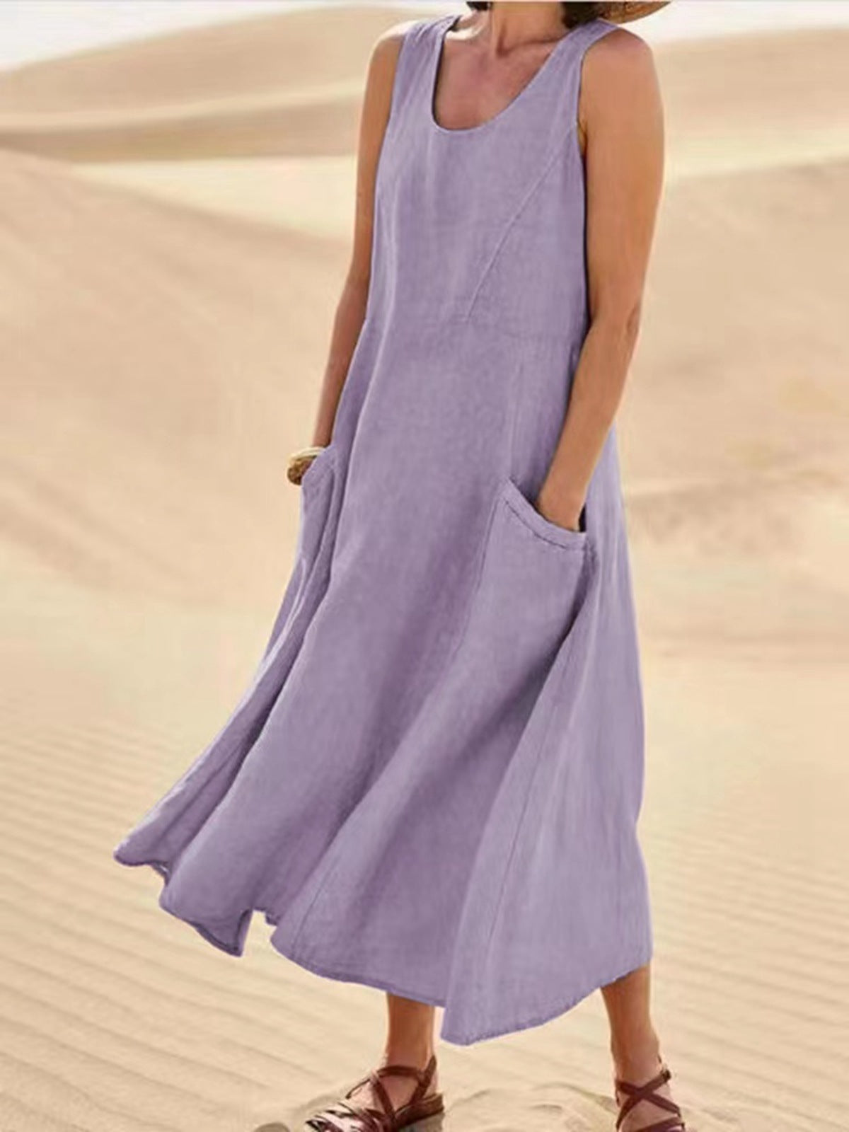 Summer Sleeveless Long Smock Dress with Pockets, Plus Sizes