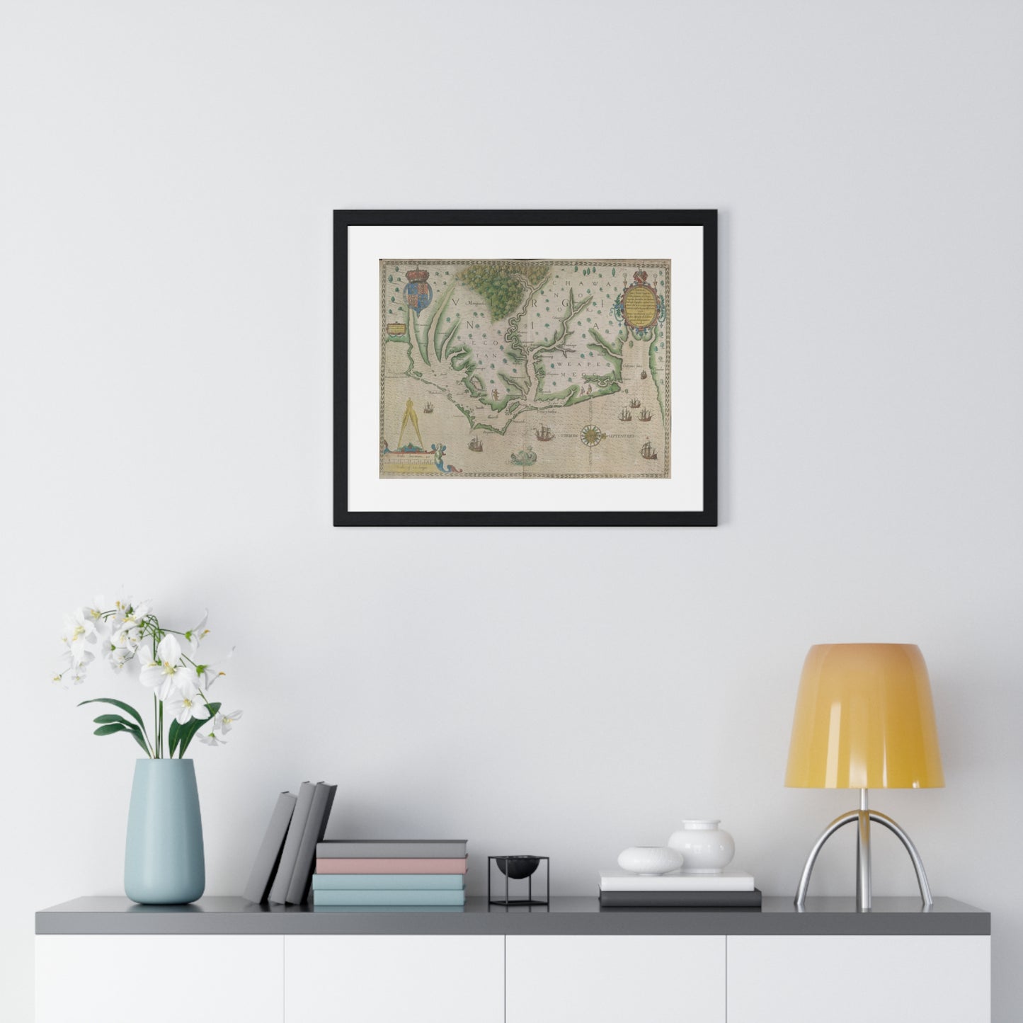 Engraved Map of Virginia (1618) Showing the Arrival of Sir Walter Raleigh's Expedition, from the Original, Framed Print