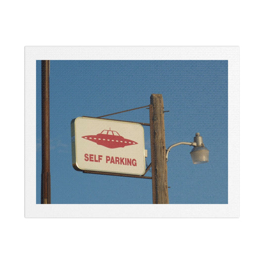 UFO Self Parking, Absurdist Decor Art, Print on Satin Canvas