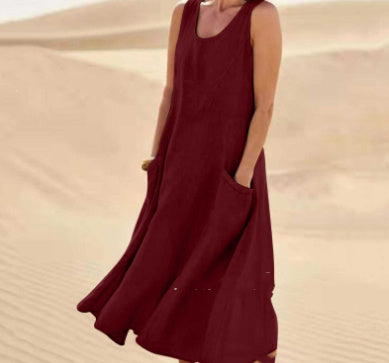Summer Sleeveless Long Smock Dress with Pockets, Plus Sizes
