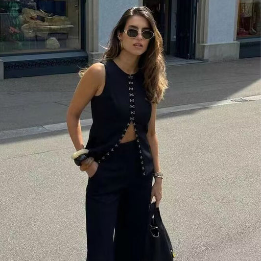 Vireous Round-Neck Sleeveless Vest Summer Fashion Casual Pantsuit