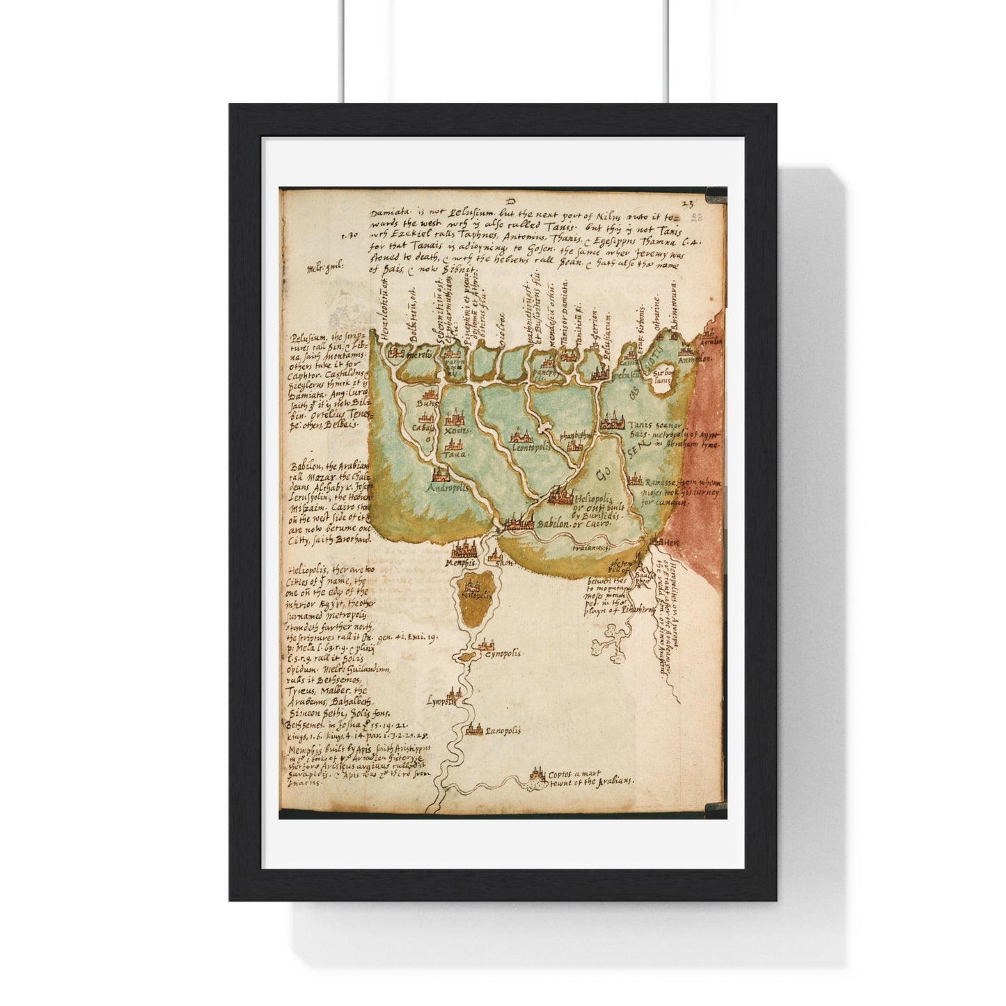 Antique Map of Lower Egypt (circa 1607) from the Original Sir Walter Raleigh Manuscript, Framed Print