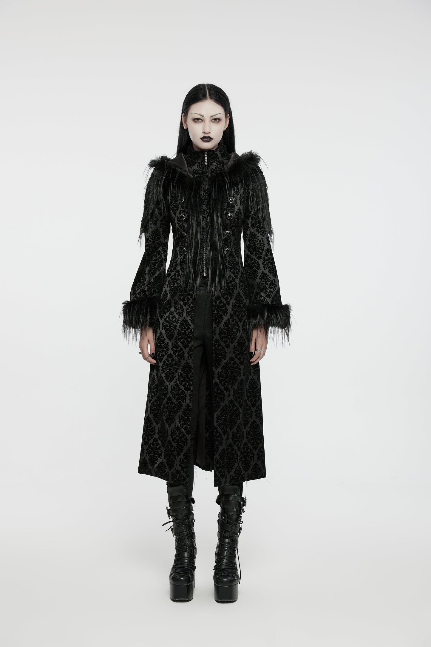 Punk Rave Morrigan Goth Gorgeous Jacquard Hooded Coat in Black
