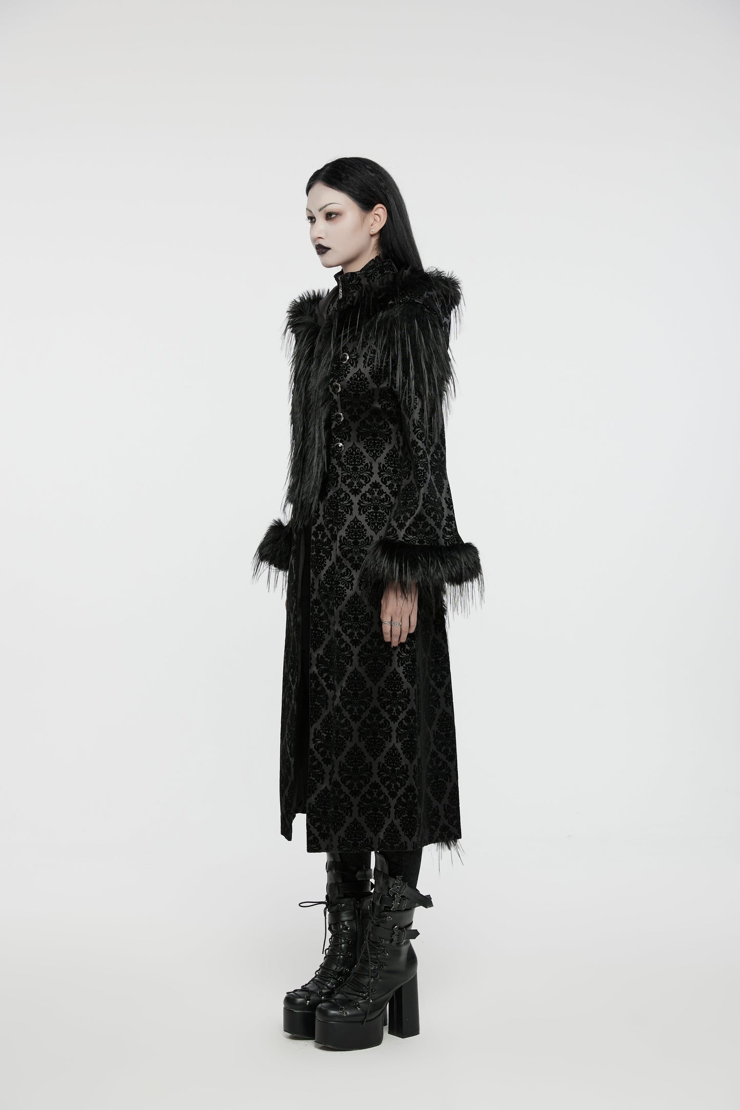 Punk Rave Morrigan Goth Gorgeous Jacquard Hooded Coat in Black