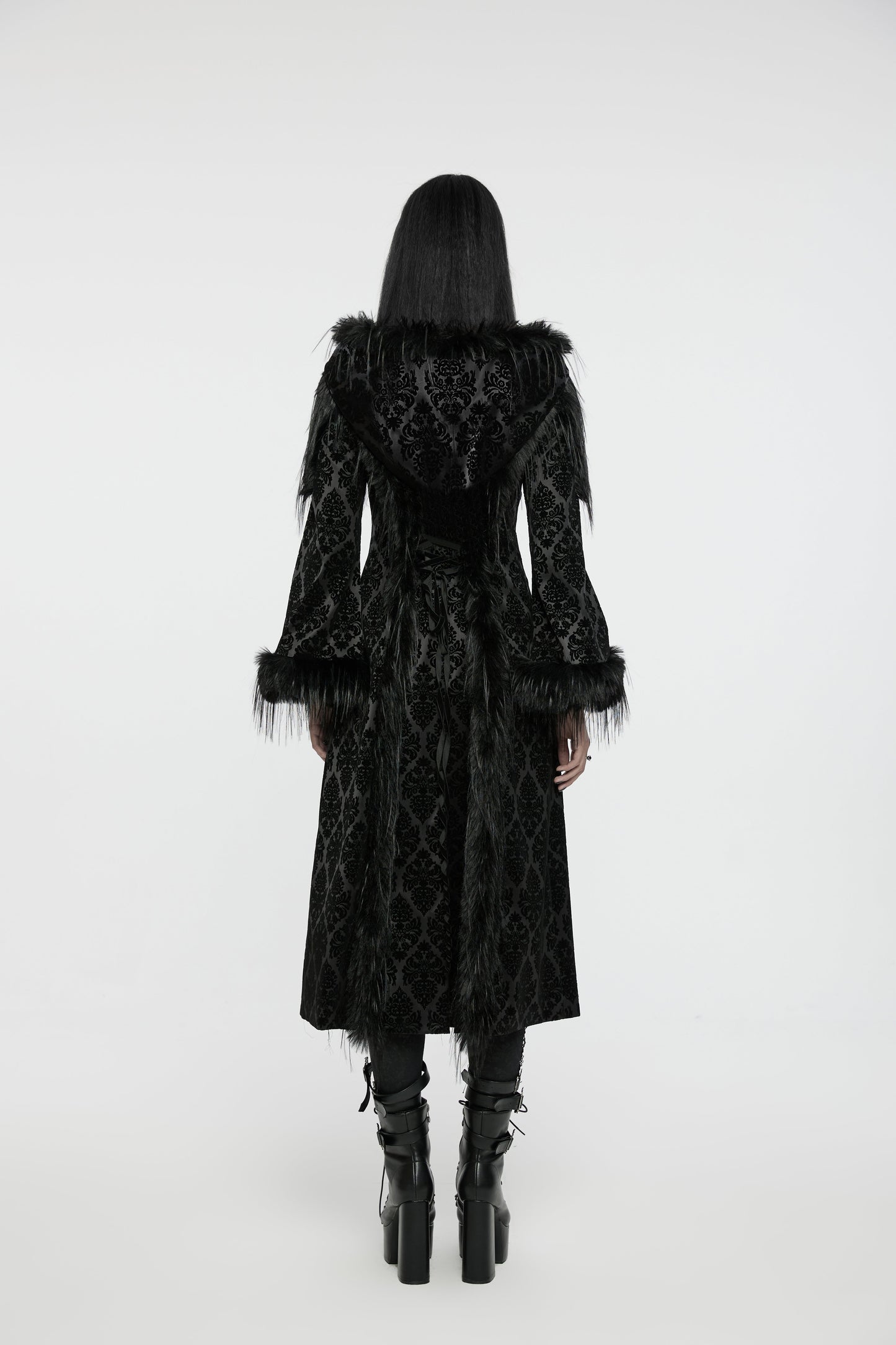 Punk Rave Morrigan Goth Gorgeous Jacquard Hooded Coat in Black