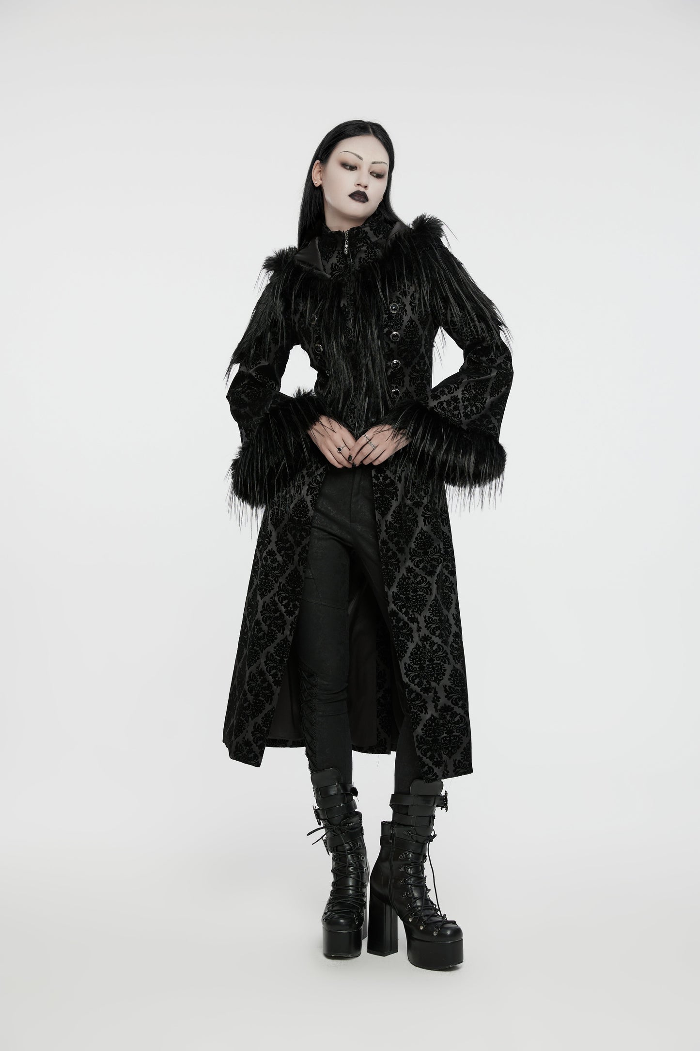 Punk Rave Morrigan Goth Gorgeous Jacquard Hooded Coat in Black