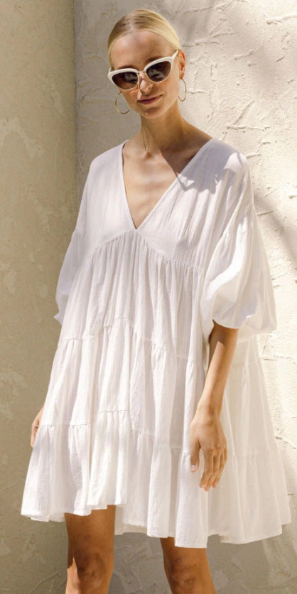 Vireous Holiday Style Puffy Sleeve Floaty Pullover Dress, Spring and Summer Collection