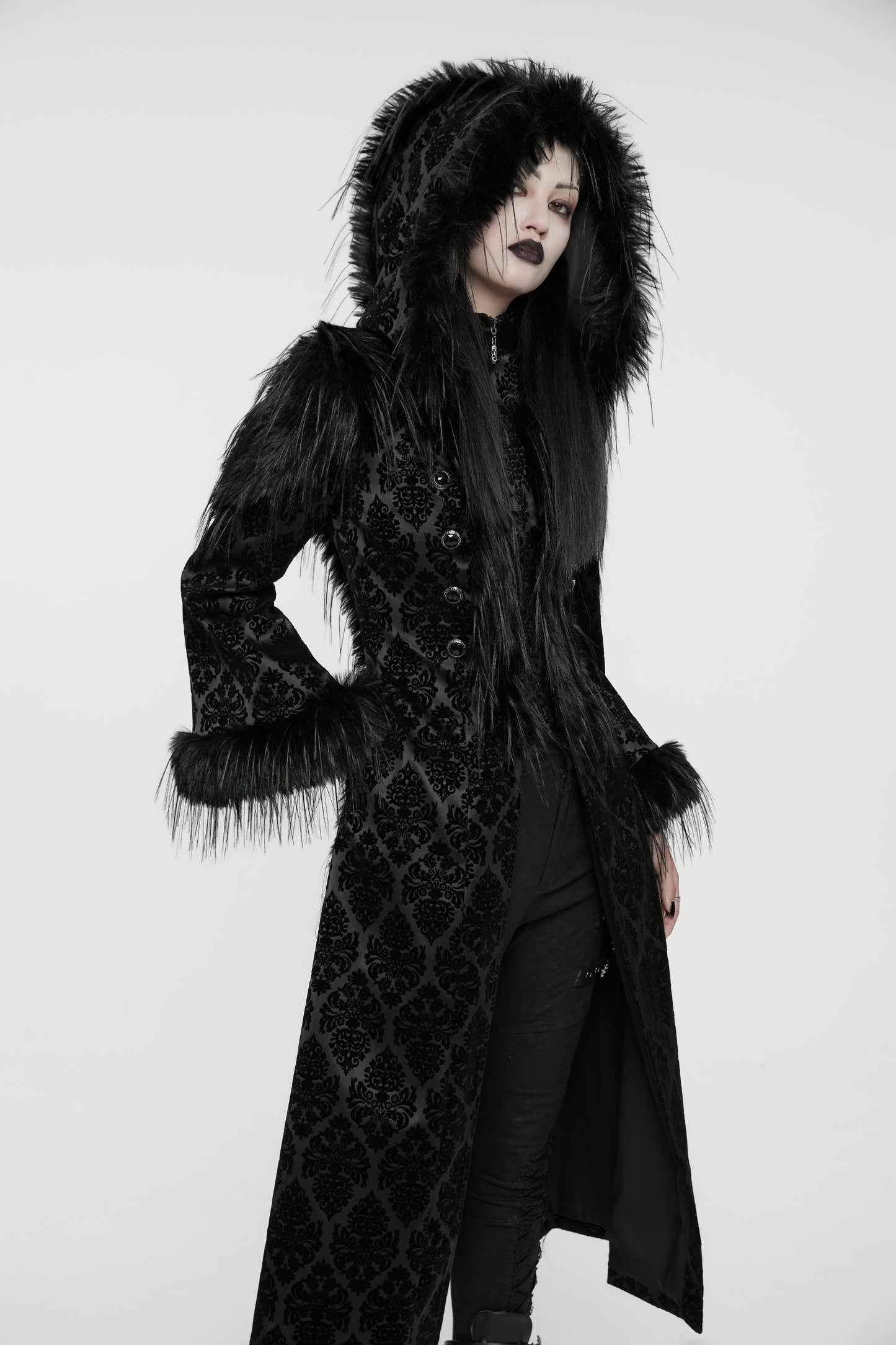 Punk Rave Morrigan Goth Gorgeous Jacquard Hooded Coat in Black