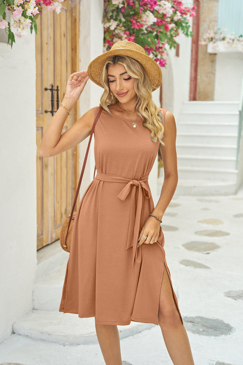 Vireous Summer Sleeveless Dress With Pockets Waist Tie Up, Slit Dress