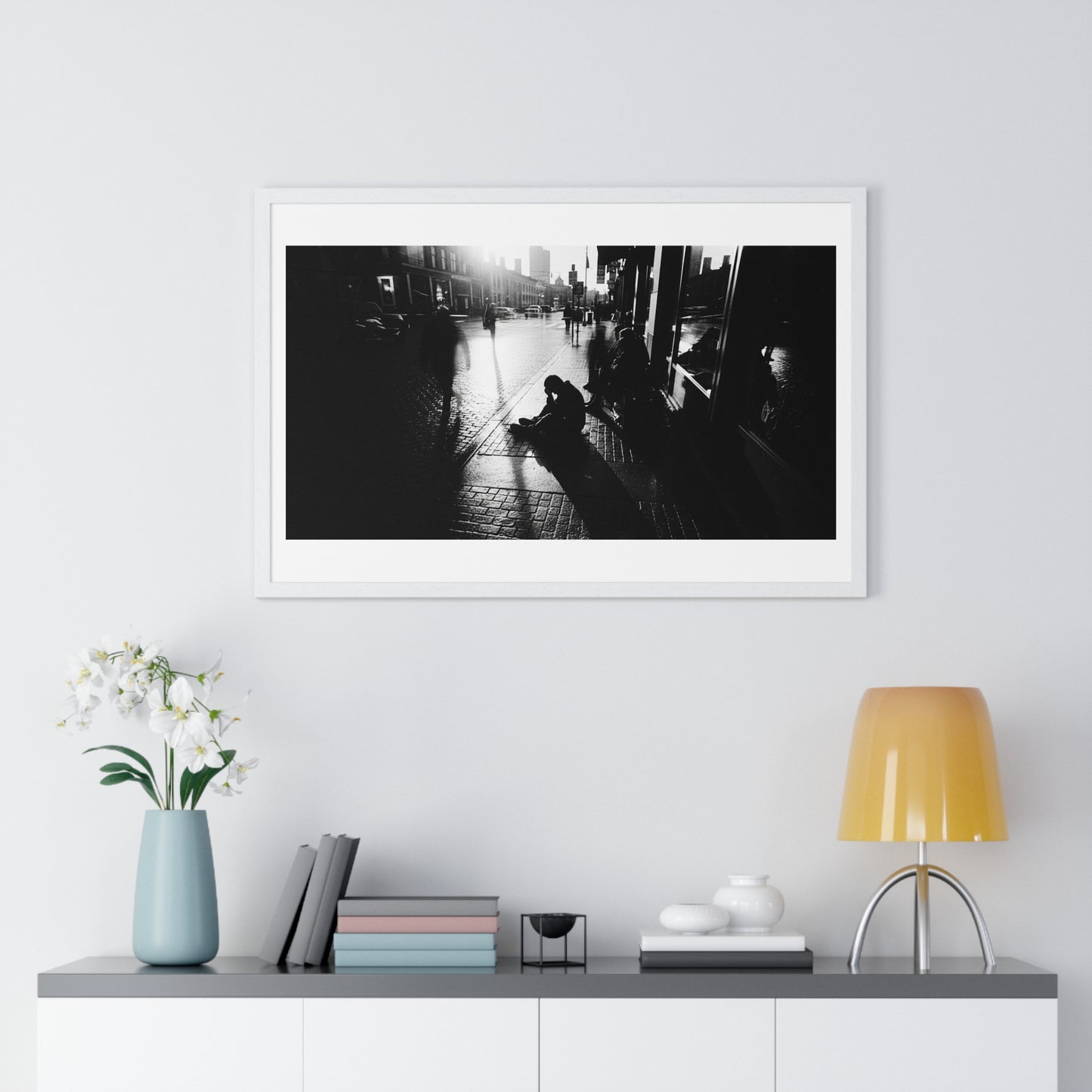 Black and White Photography, High-Contrast Cityscape 'Designed by AI' Framed Print