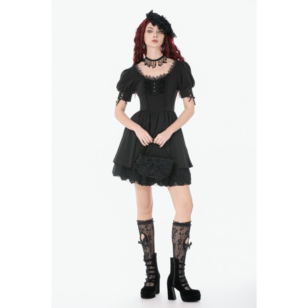 Dark in Love Gothic Lace Square-Neck Puff-Sleeve Dress